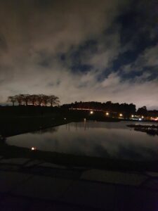 Ljus utplacerade längs en kulle på Skogskyrkogården en kväll, speglade i vatten